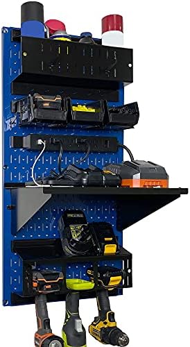 Wall Control Power Tool Storage Organizer Kit Cordless Drill Holder Charging Station Rack 16” x 32” Metal Pegboard Organization System (Blue Pegboard) by Wall+Control