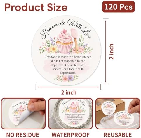 120PCS 2 Inch Homemade with Love Stickers Round Baking Labels for Cookies Cupcakes Dessert Table Treat Bags Gift Wrapping Birthday Party Candy Bags Homemade Packaging Small Business (Homemade Pink) - Image 2