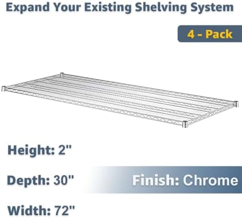 4-Pack Chrome 30" x 72" Additional Wire Shelf for Shelving Units, Replacement Shelves for Wire Rack - Image 2