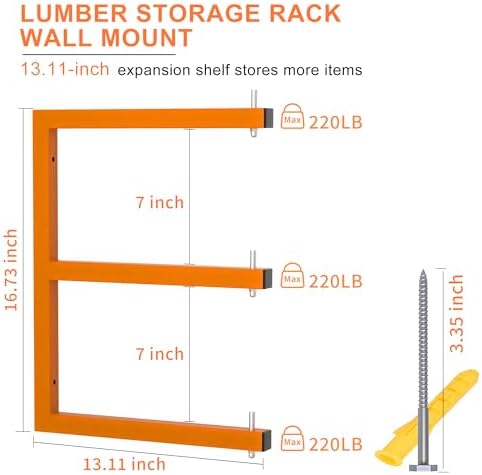 Lumber Rack Wall-Mounted Lumber Storage Rack, Heavy Duty Wood Storage Racks with 6-Level System, 1320 LB Sturdy Garage Wood Organizer, Orange Lumber Metal Racks for Indoor and Outdoor (4 Pack) - Image 2
