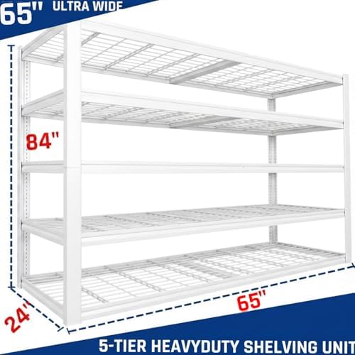 65" W Garage Shelving Heavy Duty, 65" W x 24" D x 84" H, Adjustable 5 Tier Metal Shelves, Commercial Metal Shelf Rack, Industrial Shelving，White - Image 2