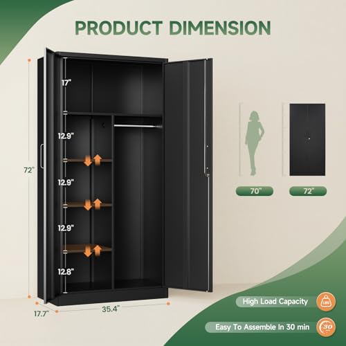 Letaya Metal Storage Cabinets Locker with Lock Door, 72'' Clothing Coat Steel Storage Freestanding Wardrobe for Office, Home, School, Employee,Gym,Fire Department (Black) - Image 3