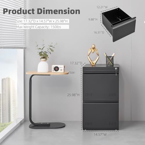 Guizeeopo 2 Drawer File Cabinet with Lock, Vertical File Cabinets for Home Office, Printer Stand, Heavy Duty Steel Office Storage Cabinet for Letter/Legal/A4, Assembly Required(Black) - Image 3