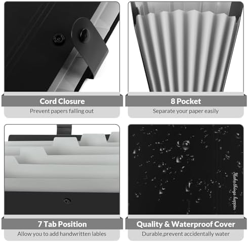 SKYDUE Expanding File Folders with Labels,8 Pockets Accordion File Organizer, Portable Document Paper Organizer, A4 Letter Size Filing Folder for Office, Pack of 4, Black - Image 3