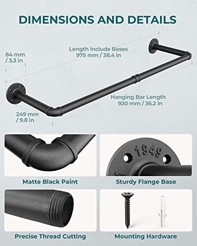 OROPY 38.4" Industrial Pipe Clothing Rack, Wall Mounted Clothes Rack - Image 3