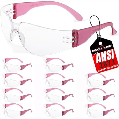 BISON LIFE Clear/Pink Safety Glasses for Men & Women ANSI Z87.1, 12 Pack by BisonLife