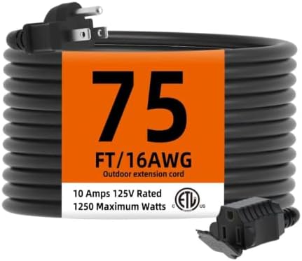 TiFFCOFiO Indoor Outdoor Extension Cord Waterproof, 75 Feet 3 Prong Power Cord for Home and Garden, 16 AWG, 13A/1625W, ETL Listed by TiFFCOFiO