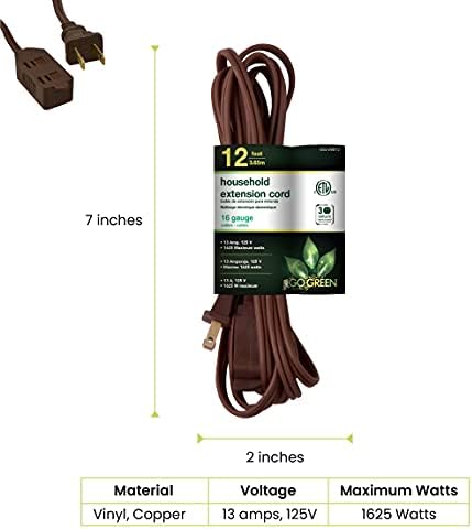 GoGreen Power (GG-24812) 16/2 12’ Household Extension Cord, 3 Outlets, Brown, 12 Ft - Image 2