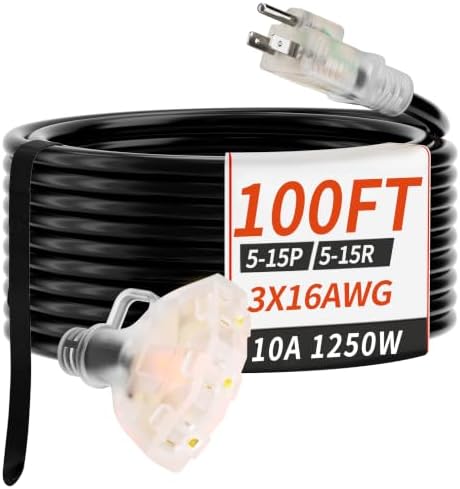 PlugSaf 100 FT 16/3 Outdoor Extension Cord with Multiple Outlets Black by PlugSaf