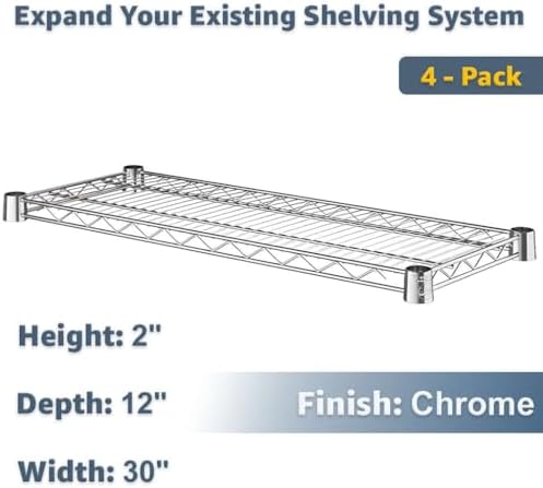 4-Pack 12"x30" Wire Shelves Chrome | 600lb Load Capacity NSF Commercial Storage Rack Unit - Image 2