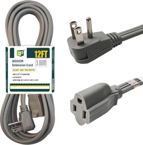 EP 12 Ft Heavy Duty Appliance Extension Cord 14 AWG 3-Prong Flat Plug, Gray by ENERGYPRO