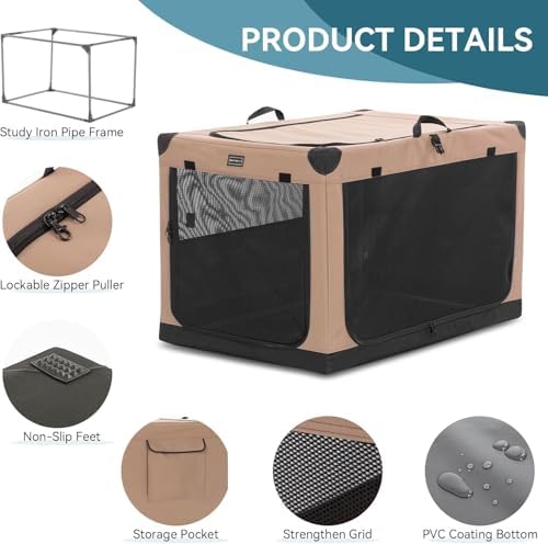 PETSFIT 26" Soft Portable Dog Crate – Patented Spiral Sturdy Frame, Collapsible Travel Kennel for Small Dogs, 3 Mesh Door, Lockable Zippers, Indoor & Car Use Khaki - Image 5
