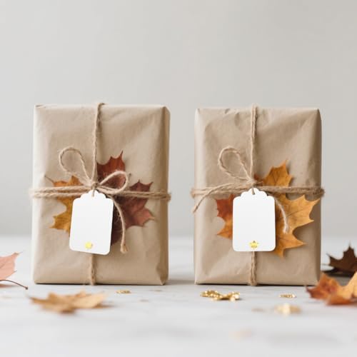 100 Pcs Blank Gift Tags with String Gold Foil Maple Leaf Fall Large Gift Tags with 65 Ft Jute Twine White Paper Cute Tags for Fall Autumn Thanksgiving Harvest Party Gift Wrap Tags - Image 3