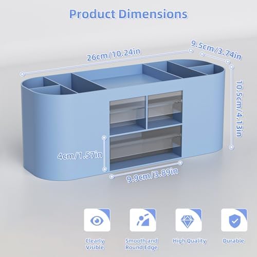 Marbrasse Desk Organizer Pen Holder for Desk with 3 Drawers, Multi-Functional Pencil Holder, Desk Organizers and Accessories with 7 Compartments for Home, School, Classroom(Blue) - Image 4