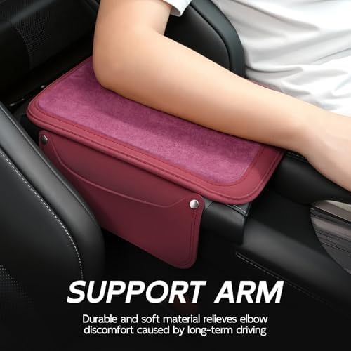 SINGARO Car Leather Center Console Cover with 2 Storage Bags, Universal Furry Fluffy Car Armrest Seat Box Pad, Comfortable Car Interior Accessories, Fits for Most Vehicles (Red) - Image 2