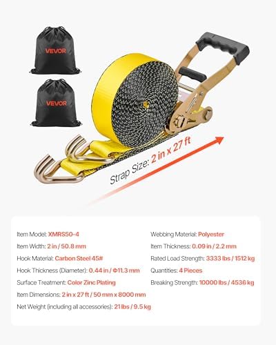 VEVOR Ratchet Tie Down Straps (4-Pack), 10000 lb Break Strength, Heavy Duty Double J Hooks, 2" x 27' with Padded Handles - Ideal for Moving, Securing Cargo, Appliances, Lawn Equipment, and More - Image 7