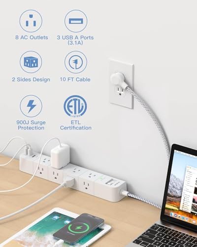 One Beat 15 ft Extension Cord,Power Strip Surge Protector,Flat Plug, White - Image 3