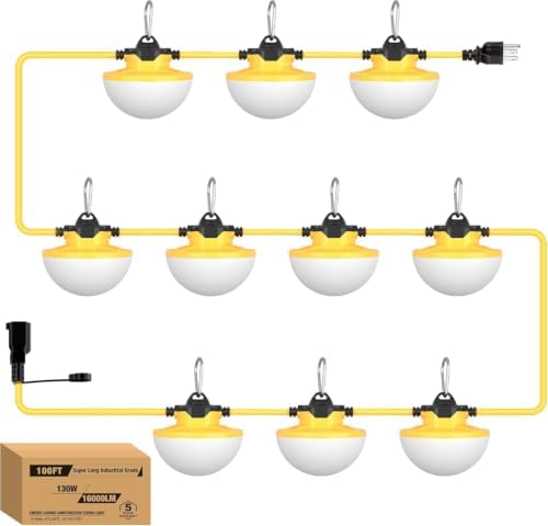 YXL 100FT 3Prong Construction String Lights 16000LM 130W Industrial LED String Lights, IP65 Waterproof 18AWG Wire 5000K Super Bright for Construction Sites Temporary Work Jobsites Outdoor Lighting by LightingYourBusinessFuture
