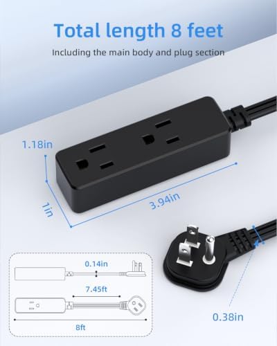 Flat Plug Extension Cord with 3 Outlets - 8Ft Low Profile Indoor 3 Prong Grounded Power Strip for Home Office & Travel - 16 AWG 13A/1625W, Black - Image 5