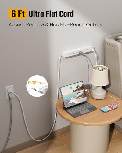 2 Pack 6Ft Extension Cord, SUPERDANNY Flat Plug Surge Protector Power Strip - Image 4