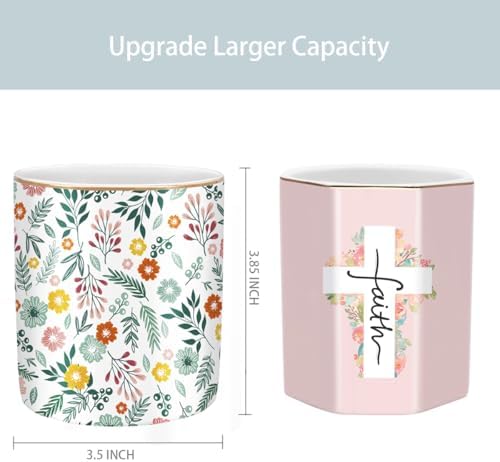 Desk Pen and Pencil Holder, Ceramic Multifunctional Organizer for Home, Office, and School, Green Floral Pattern - Image 4