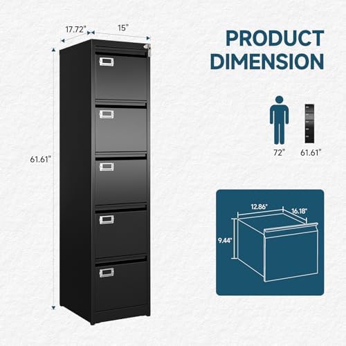 MIIIKO 5 Drawer File Cabinet, Black Vertical Filing Cabinets with Lock, Home Office File Folders Storage Cabinet for Letter Legal File Size. - Image 3