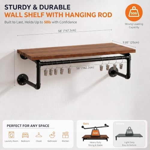 58 Inch Industrial Pipe Wall Clothing Rack with Shelves, Solid Wood, Black - Image 2