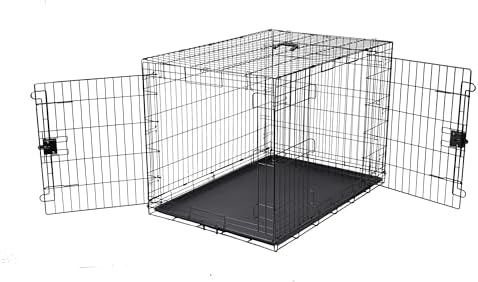 Amazon Basics Portable, Collapsible Metal Wire Dog Crate with Removable Tray, Double Door, Easy to Assemble, Divider Panel for Large Dogs, 42" x 28" x 30", Black by AmazonBasics