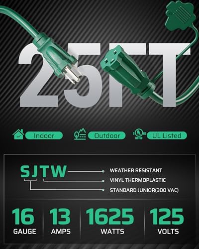 DEWENWILS 25Ft Outdoor Extension Cord, Evenly Spaced 3 Outlets Plugs with Safety Cover, 16/3 SJTW Weatherproof Wire for Outdoor String Lights, ETL Listed (Pack of 2) - Image 5