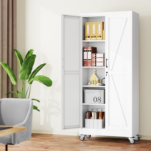 71" Metal Garage Storage Locker Cabinet with Wheels,Rolling White Farmhouse Kitchen Pantry Cabinet with 2 Doors and 4 Adjustable Shelves, Steel File Tool Cabinet for Home Office Warehouse - Image 2