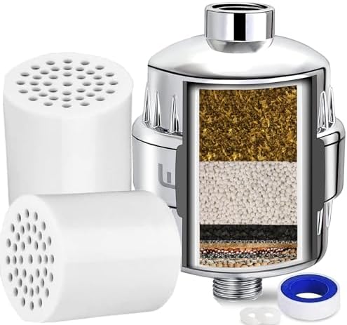 Heavy Duty Shower Filter, Chlorine Hard Water Filter Softener Purifier, with 2 Filter Cartridges, Fits Universal Handheld Shower Head Fixed Rainfall Bath Fixture, Chrome by Luxau