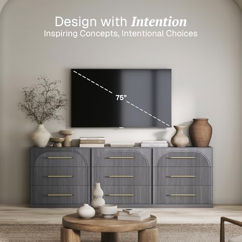 BELLEZE Set of 3 Fluted Modular Sideboard Cabinet, 97'' Classic Modern Buffet Cabinet with 3 Drawers, Accent Credenza Cabinet for Living Room Kitchen Entryway (Ebony) - Image 3