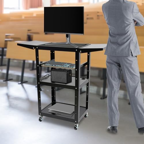 Steel Rolling Cart with Wheels, Height Adjustable Metal AV Cart Heavy Duty Rolling Work Station Media Projector Cart with Folding Drop Leaves, Supports Up to 300 LBs, 24'' x 18'' x 41.75'' - Image 2