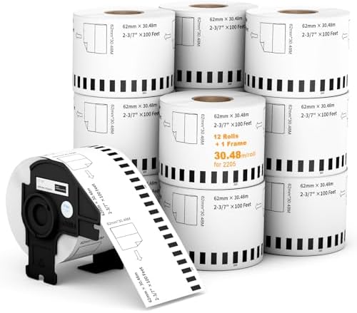 (12 Rolls + 1 Frame,30.48m Per Roll 3-Proof) Labelebal Dk 2-3/7" x 100' Direct Thermal Continuous Length Labels Replacement for DK-2205 Shipping Mailing Postage Compatible for Brother QL Printer by Labelebal