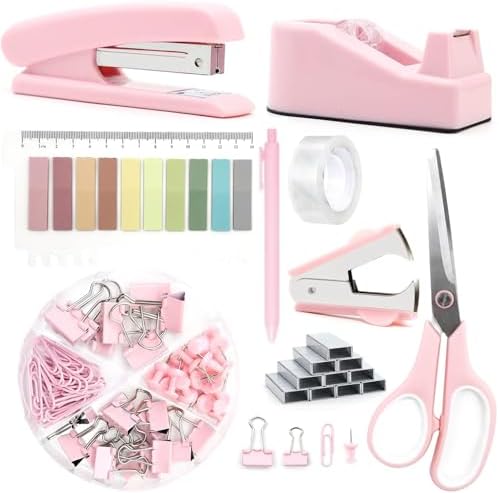 Office Supplies,Pink Desk Accessories, Stapler and Tape Dispenser Set for Women with Stapler,Tape Dispenser,Staple Remover,Staples,Clips,Scissors and Tabs,Gift for Students,Coworkers,Teacher,Business by musejoy