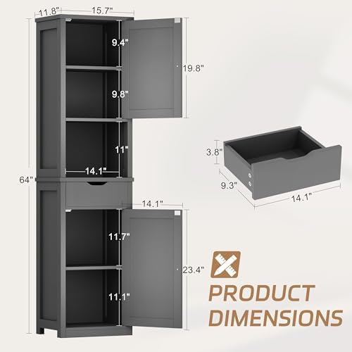 Shintenchi Tall Bathroom Storage Cabinet, Slim Corner Floor Cabinet with Doors and Drawer, Freestanding Narrow Bathroom Organizer with Adjustable Shelves for Small Space, Gray - Image 3