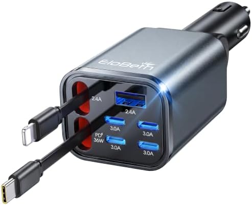 EloBeth 120W Retractable Car Charger,7-in-1 Car Charger USB C Fast Charge by EloBeth