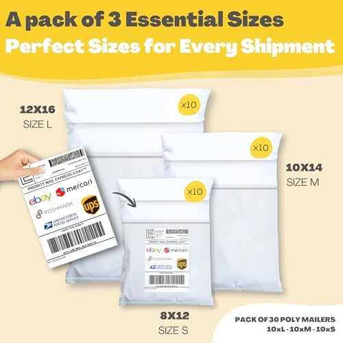 Shipping Bags (30 Pack) with Label Pouch - 8x12, 10x14 & 12x16 - Poly Mailers for Clothes, Self-Seal Plastic Mailing Envelopes - Tear & Water-Resistant Packaging Bags for Clothing, Not Padded - Image 2