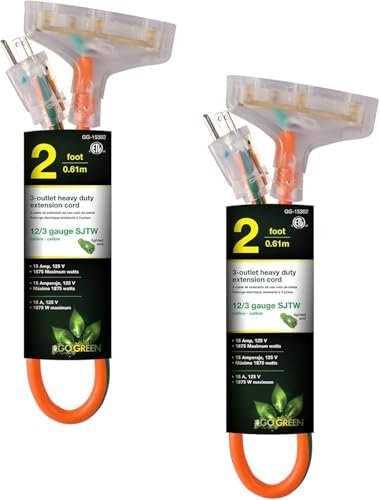 GoGreen Power Inc. (G-15302-2) 12/3 2' 3 Outlet Heavy Duty Extension Cord - Orange, 2ft, 2 Pack by PowerByGoGreen