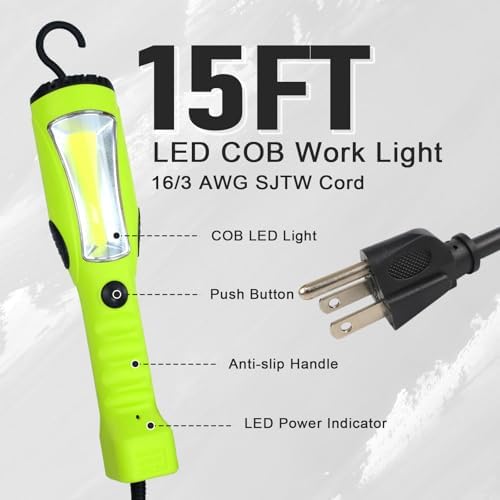 EP 15 Ft LED Work Light, 1200 Lumen COB LED Trouble Light, Green - Image 2