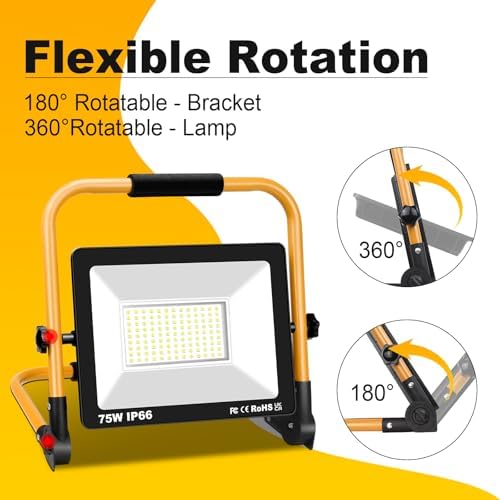 Willpower Portable LED Work Light 75W Job Site Lights 7500LM IP66 Waterproof Construction Floodlights Outdoor with Stand 6000K Daylight White for Camping Workshop Garage with 3.5m Wire Plug - Image 4