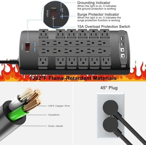 QINLIANF Surge Protector Power Strip - 6Ft Flat Plug Heavy Duty Extension Cord with 24 Outlets and 4 USB Ports(2 USB-C Ports), 4100J, for Home, Office, Dorm, ETL Listed, Black - Image 6