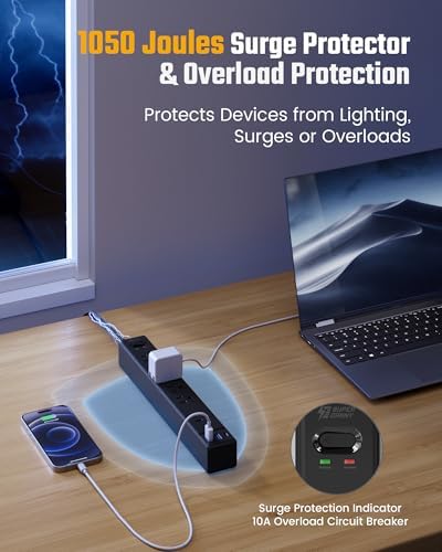 20Ft Long Extension Cord, SUPERDANNY Flat Plug Surge Protector Power Strip - Image 6