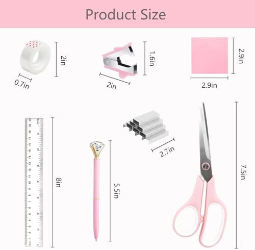 Office Supplies,School Supplies,Pink Desk Accessories,Desk Organizer,Scissors,Stapler,Tape Dispenser,Binder Clips,Staples,Staple Remover,Sticky Notes,Clear Tape,Pen,Ruler,Best Gift,11pcs - Image 7