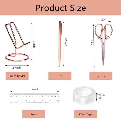 suniya Office Supplies,Rose Gold Desk Accessories,with Stapler,Tape Dispenser,Pen Holder,Scissors,Phone Stand,Staple Remover,Ballpoint Pen,Clear Tape,Staples,Ruler,Clips,Best Gift for Business or Boss - Image 6