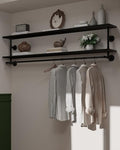 Black Clothes Rack 70in, 2-Tier Wall Mounted Garment Rack with Real Wood Shelf, Heavy Duty Hanging Clothes Rack, Multi-Purpose Hanging Rod, Space-Saving Closet Storage by INDUSTRIALSHELVESDESIGN