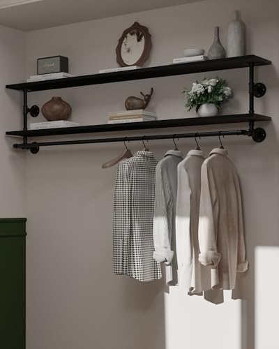 Black Clothes Rack 70in, 2-Tier Wall Mounted Garment Rack with Real Wood Shelf, Heavy Duty Hanging Clothes Rack, Multi-Purpose Hanging Rod, Space-Saving Closet Storage by INDUSTRIALSHELVESDESIGN