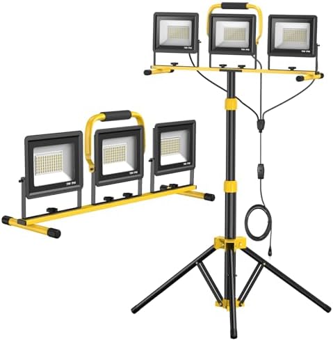 Upgraded LED Work Lights with Stand, 21000 Lumen, 3-Head Adjustable Work Light, Waterproof Foldable Tripod, Extended Cord for Outdoor & Indoor Job Sites, Workshops, Construction, Garage Lighting by SOARFLY