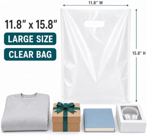 ysmile Plastic Shopping Bag with Handle for Store Retail Boutique Merchandise Die Cut Poly Goodie 100 ct 11.8"x15.8" 2.5 Mil - Clear - Image 2