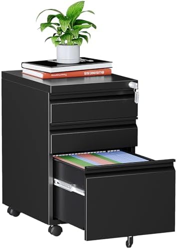 MIIIKO 3 Drawer File Cabinet on Wheels, Home Office Mobile File Cabinet Under Desk, Full Assembled Metal Filing Cabinets with Lock for Legal/Letter/A4 File Folders by MIIIKOOfficeFurniture